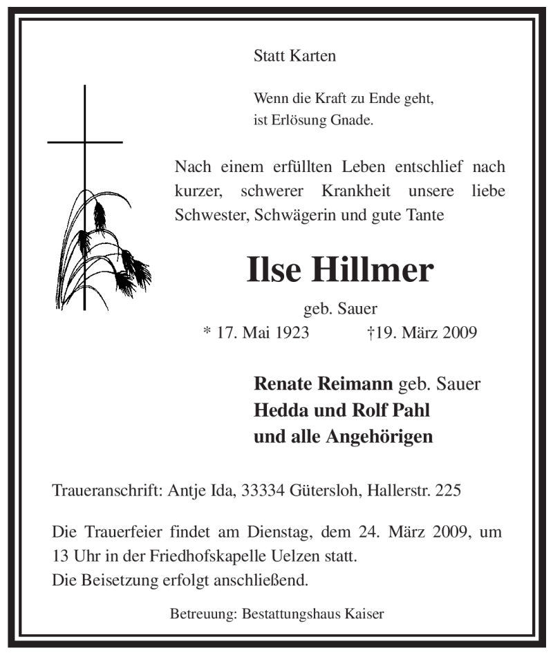 Traueranzeige für Ilse Hillmer vom 20.03.2009 aus ALLGEMEINE ZEITUNG UELZEN