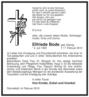 Traueranzeige von Elfriede Bode von ALLGEMEINE ZEITUNG UELZEN