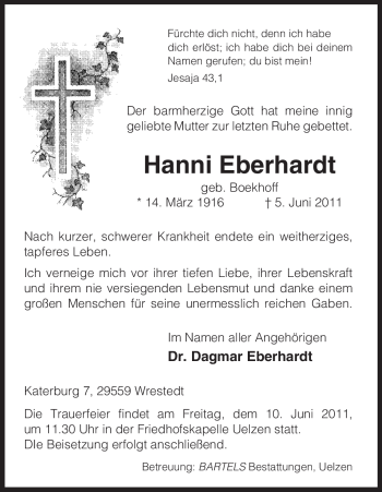 Traueranzeige von Hanni Eberhardt von ALLGEMEINE ZEITUNG UELZEN