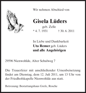 Traueranzeige von Gisela Lüders von ALLGEMEINE ZEITUNG UELZEN