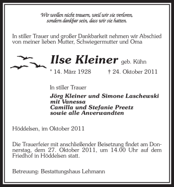 Traueranzeige von Ilse Kleiner von ALLGEMEINE ZEITUNG UELZEN