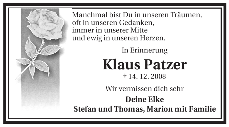  Traueranzeige für Klaus Patzer vom 14.12.2009 aus ALLGEMEINE ZEITUNG UELZEN