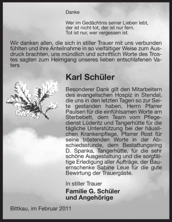 Traueranzeige von Karl Schüler von ALLGEMEINE ZEITUNG UELZEN