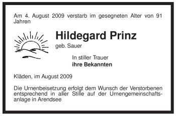 Traueranzeige von Hildegard Prinz von ALLGEMEINE ZEITUNG UELZEN