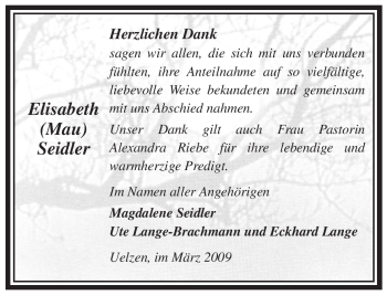 Traueranzeige von Elisabeth Seidler von ALLGEMEINE ZEITUNG UELZEN