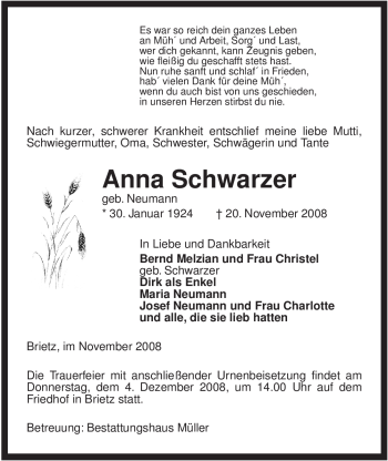 Traueranzeige von Anna Schwarzer von ALLGEMEINE ZEITUNG UELZEN