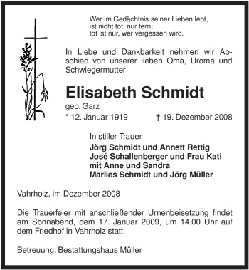 Traueranzeige von Elisabeth Schmidt von ALLGEMEINE ZEITUNG UELZEN