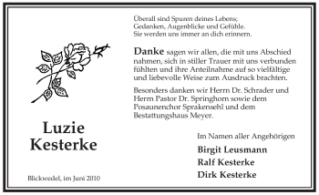 Traueranzeige von Luzie Kesterke von ALLGEMEINE ZEITUNG UELZEN