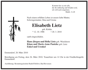 Traueranzeige von Elisabeth Lietz von ALLGEMEINE ZEITUNG UELZEN