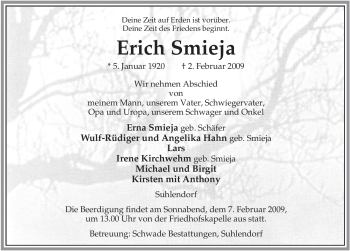 Traueranzeige von Erich Smieja von ALLGEMEINE ZEITUNG UELZEN