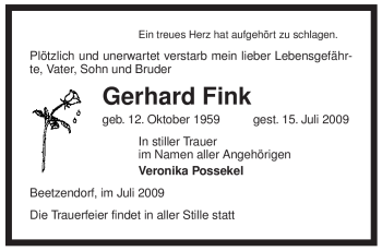 Traueranzeige von Gerhard Fink von ALLGEMEINE ZEITUNG UELZEN