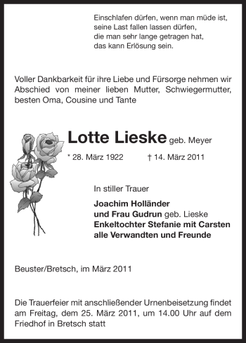 Traueranzeige von Lotte Lieske von ALLGEMEINE ZEITUNG UELZEN