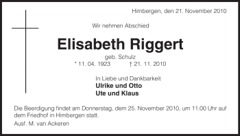 Traueranzeige von Elisabeth Riggert von ALLGEMEINE ZEITUNG UELZEN