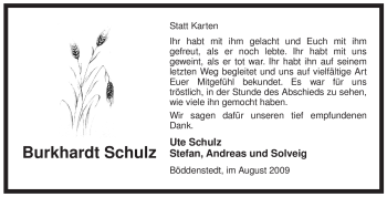 Traueranzeige von Burkhardt Schulz von ALLGEMEINE ZEITUNG UELZEN