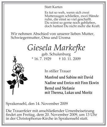 Traueranzeige von Giesela Markefke von ALLGEMEINE ZEITUNG UELZEN