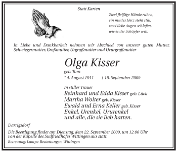 Traueranzeige von Olga Kisser von ALLGEMEINE ZEITUNG UELZEN