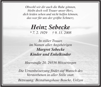 Traueranzeige von Heinz Sebecke von ALLGEMEINE ZEITUNG UELZEN