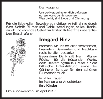 Traueranzeige von Irmgard Hinz von ALLGEMEINE ZEITUNG UELZEN