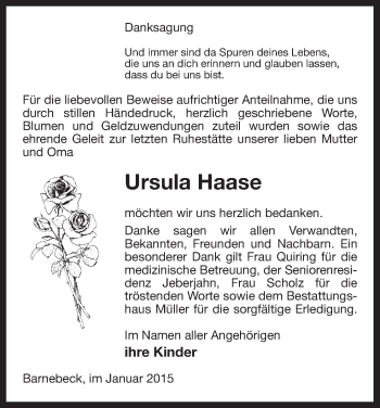 Traueranzeige von Ursula Haase von Uelzen