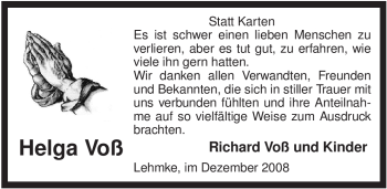 Traueranzeige von Helga Voß von ALLGEMEINE ZEITUNG UELZEN