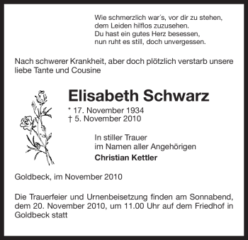 Traueranzeige von Elisabeth Schwarz von ALLGEMEINE ZEITUNG UELZEN