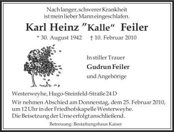 Traueranzeige von Karl Heinz Feiler von ALLGEMEINE ZEITUNG UELZEN