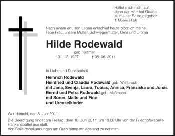 Traueranzeige von Hilde Rodewald von ALLGEMEINE ZEITUNG UELZEN