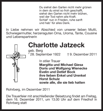 Traueranzeige von Charlotte Jatzeck von ALLGEMEINE ZEITUNG UELZEN
