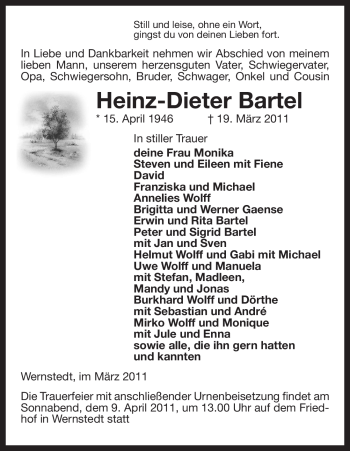 Traueranzeige von Heinz-Dieter Bartel von ALLGEMEINE ZEITUNG UELZEN