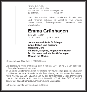 Traueranzeige von Emma Grünhagen von ALLGEMEINE ZEITUNG UELZEN