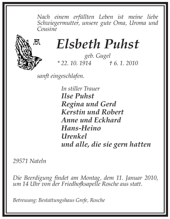 Traueranzeige von Elsbeth Puhst von ALLGEMEINE ZEITUNG UELZEN