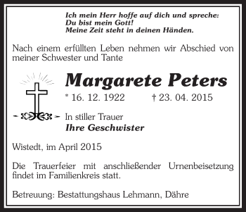 Traueranzeige von Margarete Peters von Uelzen