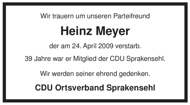  Traueranzeige für Heinz Meyer vom 27.04.2009 aus ALLGEMEINE ZEITUNG UELZEN