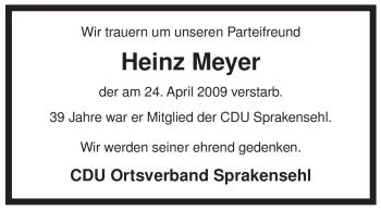 Traueranzeige von Heinz Meyer von ALLGEMEINE ZEITUNG UELZEN