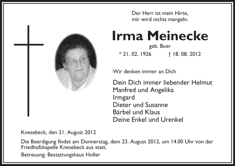  Traueranzeige für Irma Meinecke vom 21.08.2012 aus ALLGEMEINE ZEITUNG UELZEN