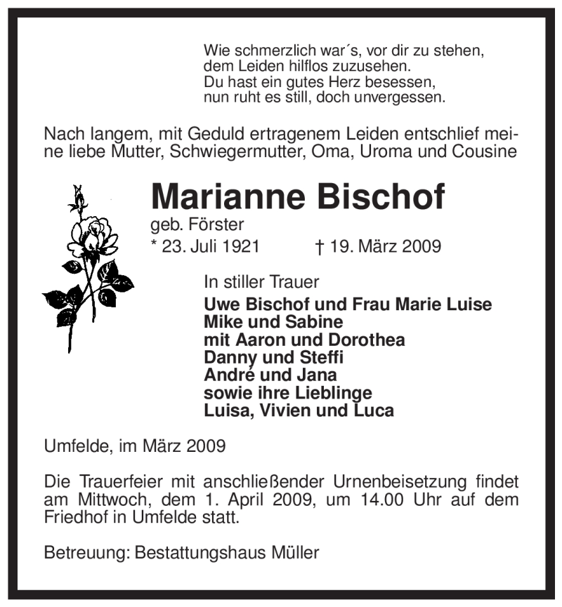  Traueranzeige für Marianne Bischof vom 20.03.2009 aus ALLGEMEINE ZEITUNG UELZEN