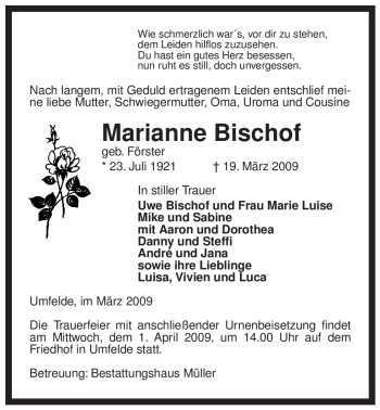 Traueranzeige von Marianne Bischof von ALLGEMEINE ZEITUNG UELZEN