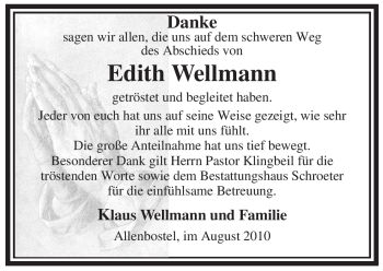 Traueranzeige von Edith Wellmann von ALLGEMEINE ZEITUNG UELZEN