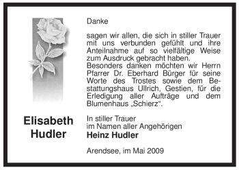 Traueranzeige von Elisabeth Hudler von ALLGEMEINE ZEITUNG UELZEN