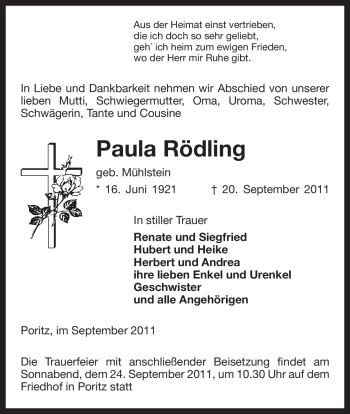 Traueranzeige von Paula Rödling von ALLGEMEINE ZEITUNG UELZEN