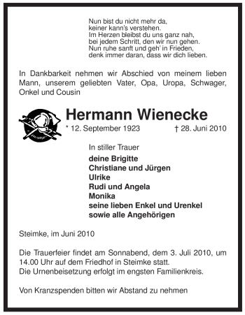 Traueranzeige von Hermann Wienecke von ALLGEMEINE ZEITUNG UELZEN