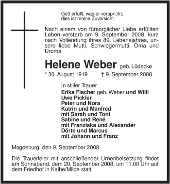 Traueranzeige von Helene Weber von ALLGEMEINE ZEITUNG UELZEN