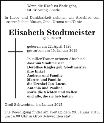 Traueranzeige von Elisabeth Stodtmeister von Uelzen