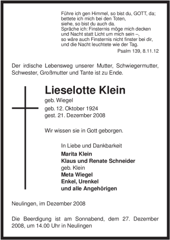 Traueranzeige von Lieselotte Klein von ALLGEMEINE ZEITUNG UELZEN