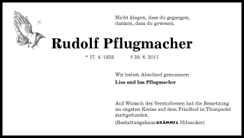 Traueranzeige von Rudolf Pflugmacher von ALLGEMEINE ZEITUNG UELZEN