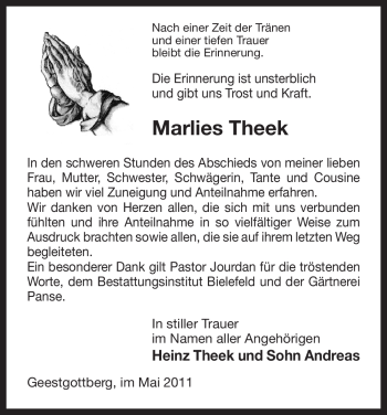 Traueranzeige von Marlies Theek von ALLGEMEINE ZEITUNG UELZEN