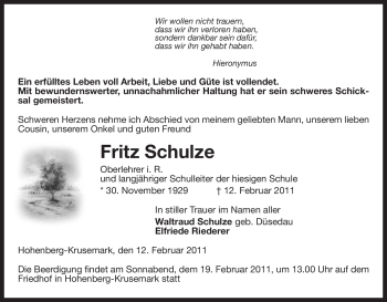 Traueranzeige von Fritz Schulze von ALLGEMEINE ZEITUNG UELZEN