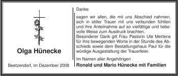 Traueranzeige von Olga Hünecke von ALLGEMEINE ZEITUNG UELZEN