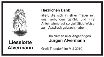 Traueranzeige von Lieselotte Alvermann von ALLGEMEINE ZEITUNG UELZEN