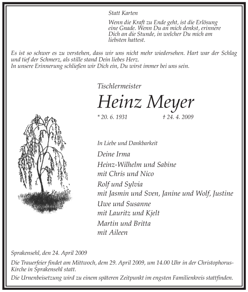  Traueranzeige für Heinz Meyer vom 25.04.2009 aus ALLGEMEINE ZEITUNG UELZEN